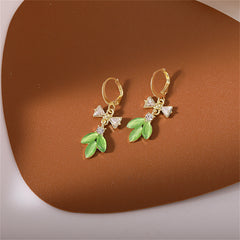 Green Cat's Eye & Cubic Zirconia Bow Leaves Huggie Earrings