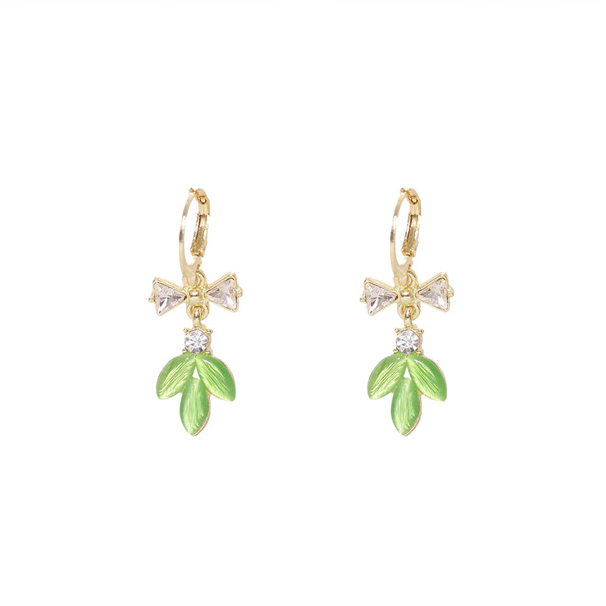 Green Cat's Eye and Cubic Zirconia Bow Leaves Huggie Earrings, huggie earrings, botanical inspired, side view