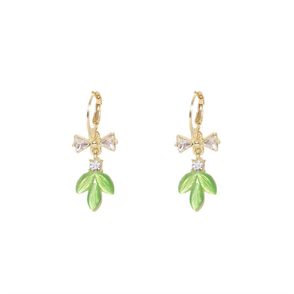 Green Cat's Eye and Cubic Zirconia Bow Leaves Huggie Earrings, huggie earrings, botanical inspired, side view