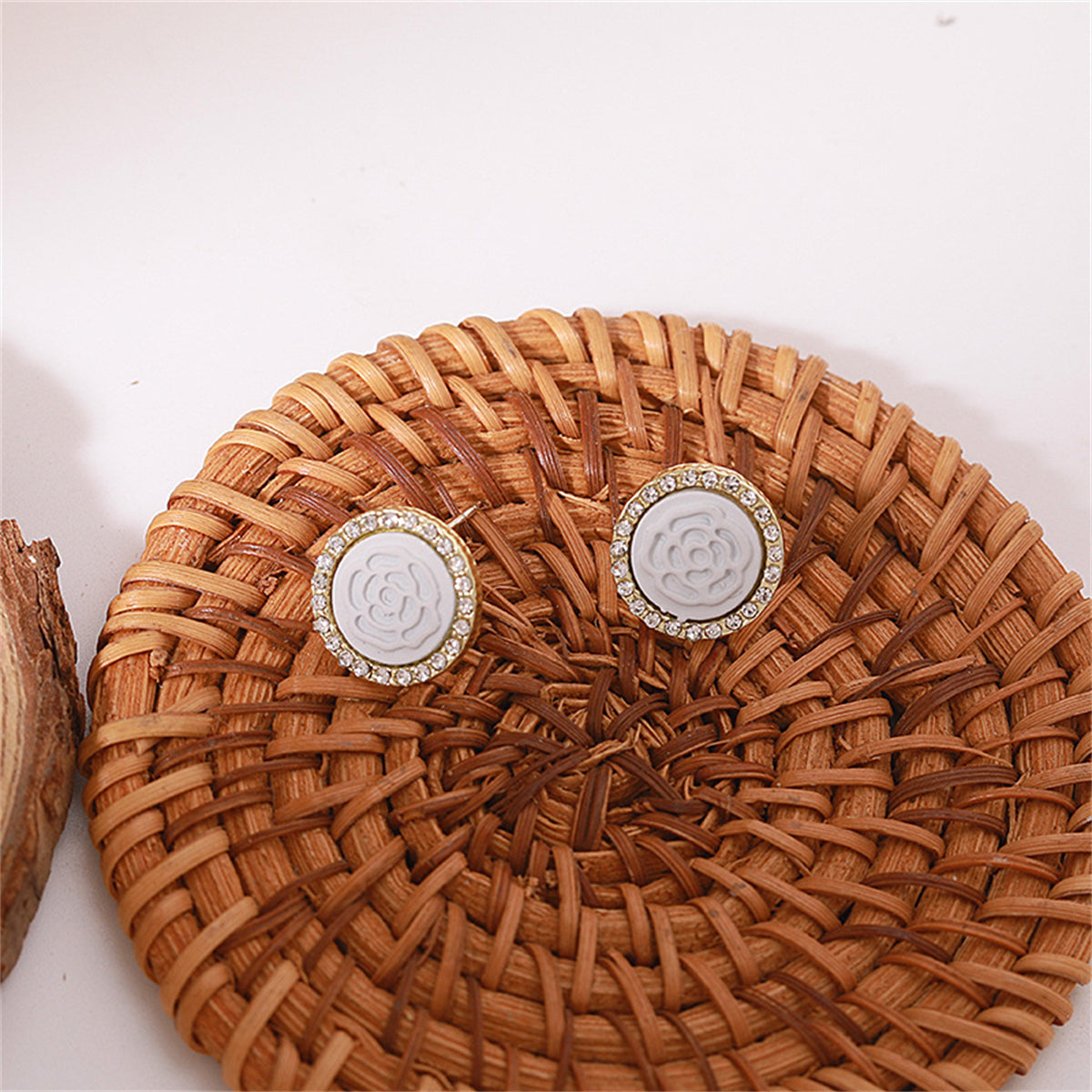Cubic Zirconia & White Rose Round Stud Earrings