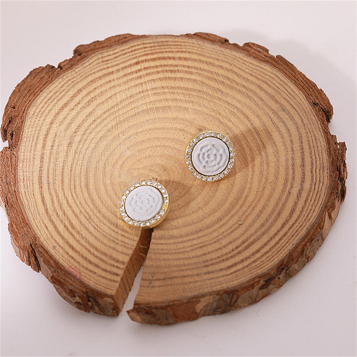 Cubic Zirconia & White Rose Round Stud Earrings