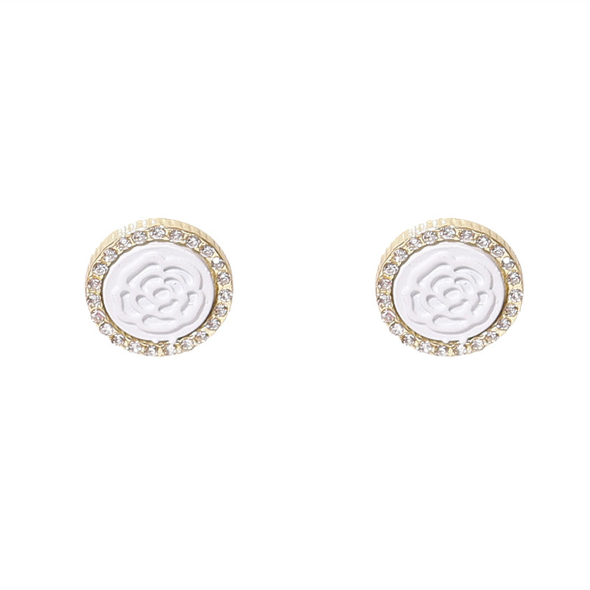 Cubic Zirconia & White Rose Round Stud Earrings