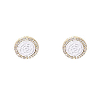 Cubic Zirconia & White Rose Round Stud Earrings