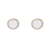 Cubic Zirconia & White Rose Round Stud Earrings