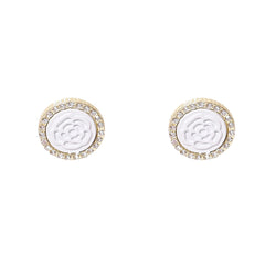 Cubic Zirconia & White Rose Round Stud Earrings