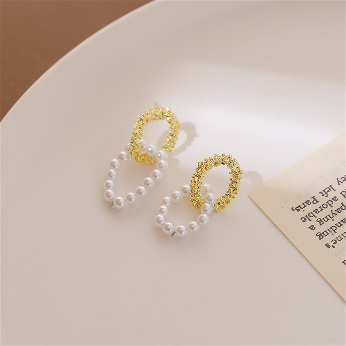 Pearl and 18K Gold-Plated Textured Interlocked Drop Earrings, gold drop earrings for women, elegant gift for her, side view