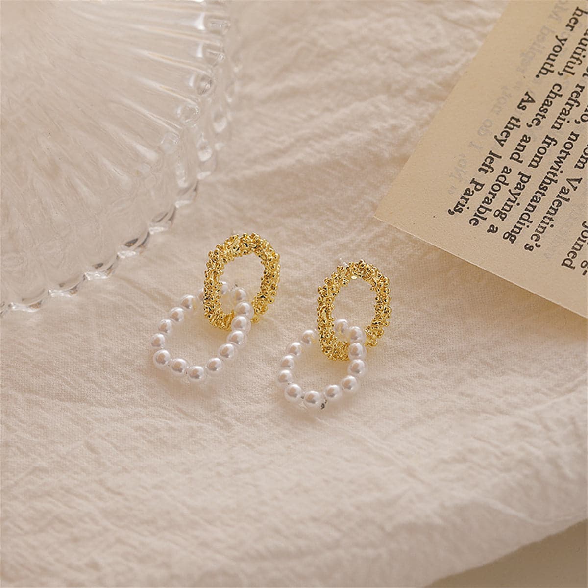 Pearl and 18K Gold-Plated Textured Interlocked Drop Earrings, gold drop earrings for women, elegant gift for her, front view