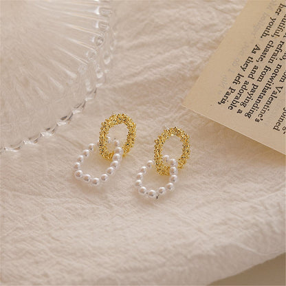 Pearl and 18K Gold-Plated Textured Interlocked Drop Earrings, gold drop earrings for women, elegant gift for her, front view
