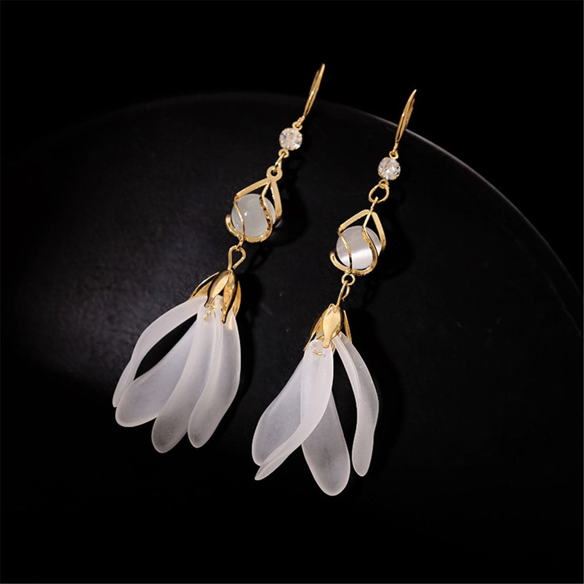 Quartz and Cubic Zirconia 18K Gold-Plated Magnolia Bead Drop Earrings, gold drop earrings for women, detail close-up
