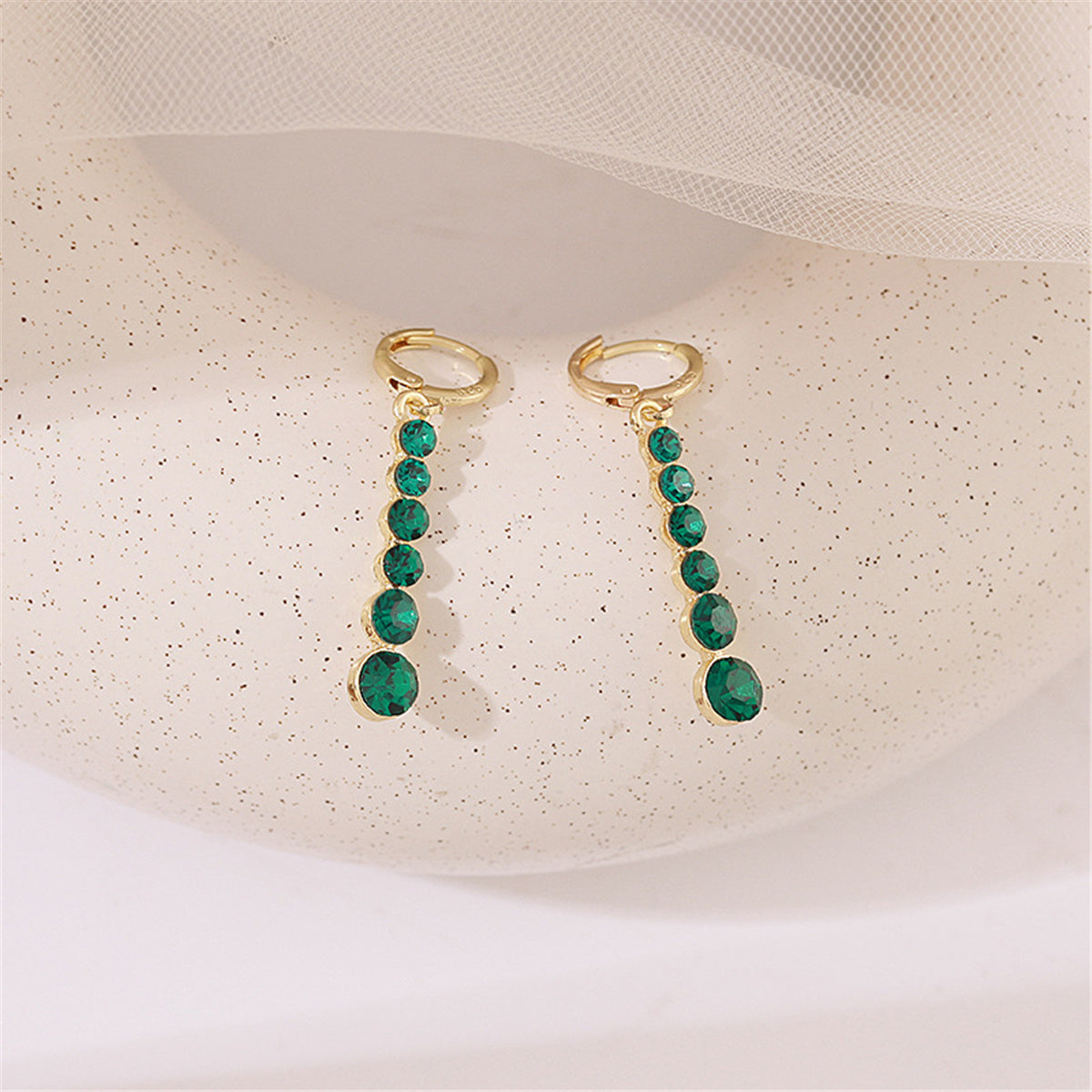 Green Crystal and 18K Gold-Plated Bar Drop Earrings, gold drop earrings for women, elegant gift for her, front view