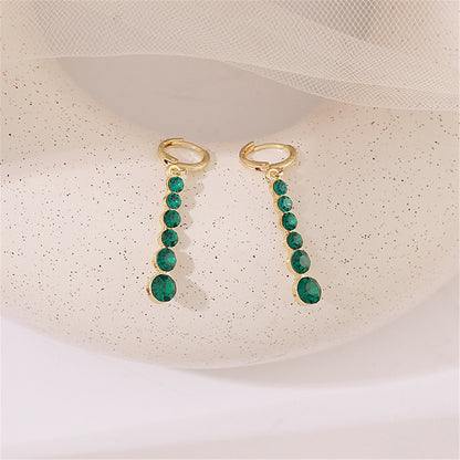Green Crystal and 18K Gold-Plated Bar Drop Earrings, gold drop earrings for women, elegant gift for her, front view