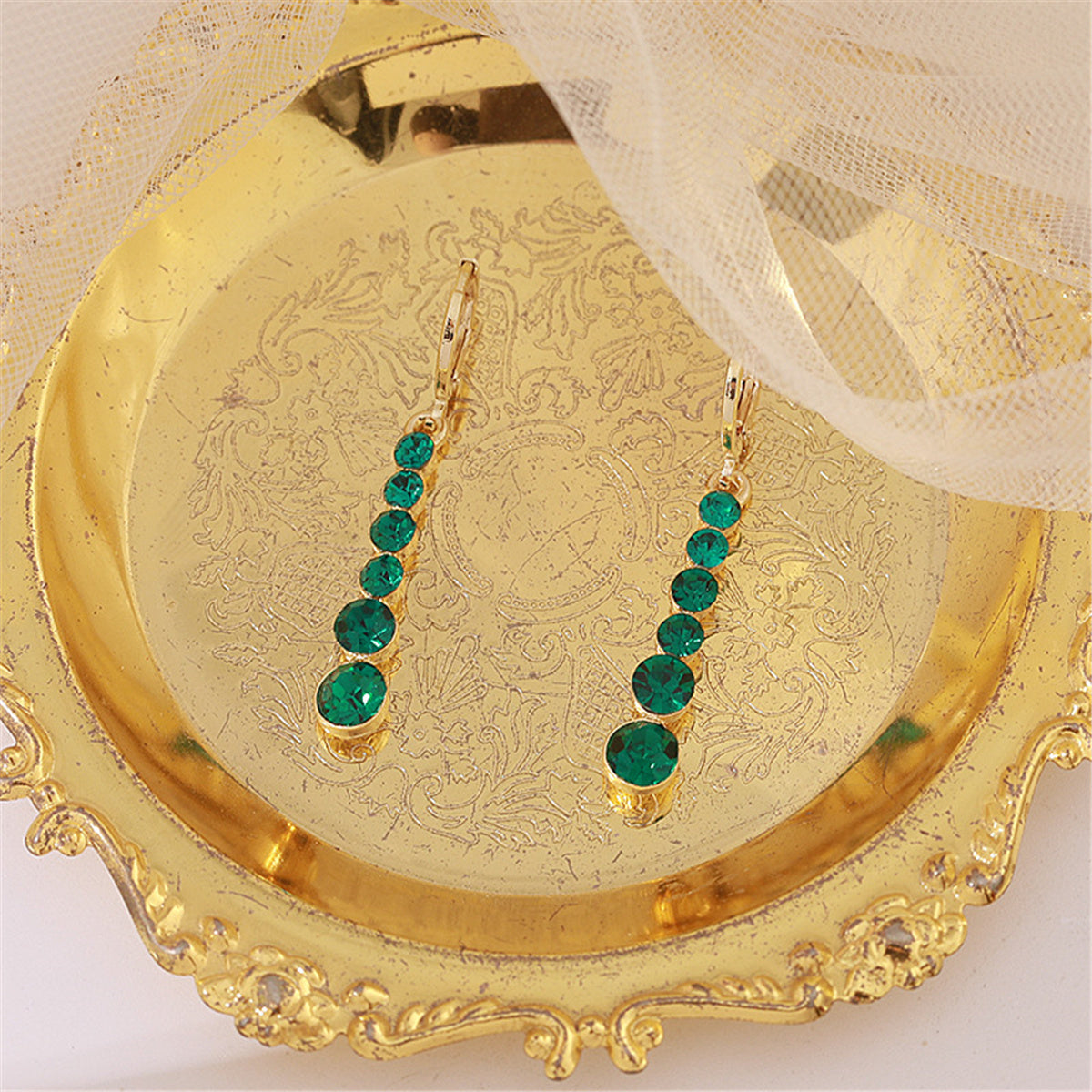 Green Crystal and 18K Gold-Plated Bar Drop Earrings, gold drop earrings for women, elegant gift for her, lifestyle look