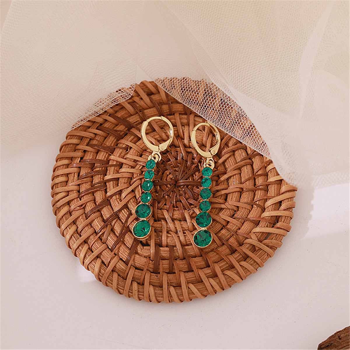 Green Crystal and 18K Gold-Plated Bar Drop Earrings, gold drop earrings for women, elegant gift for her, side view