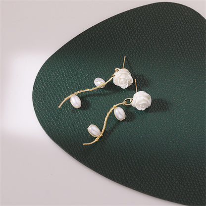 Pearl and Resin 18K Gold-Plated Rose Drop Earrings, gold drop earrings for women, vintage-inspired design, side view