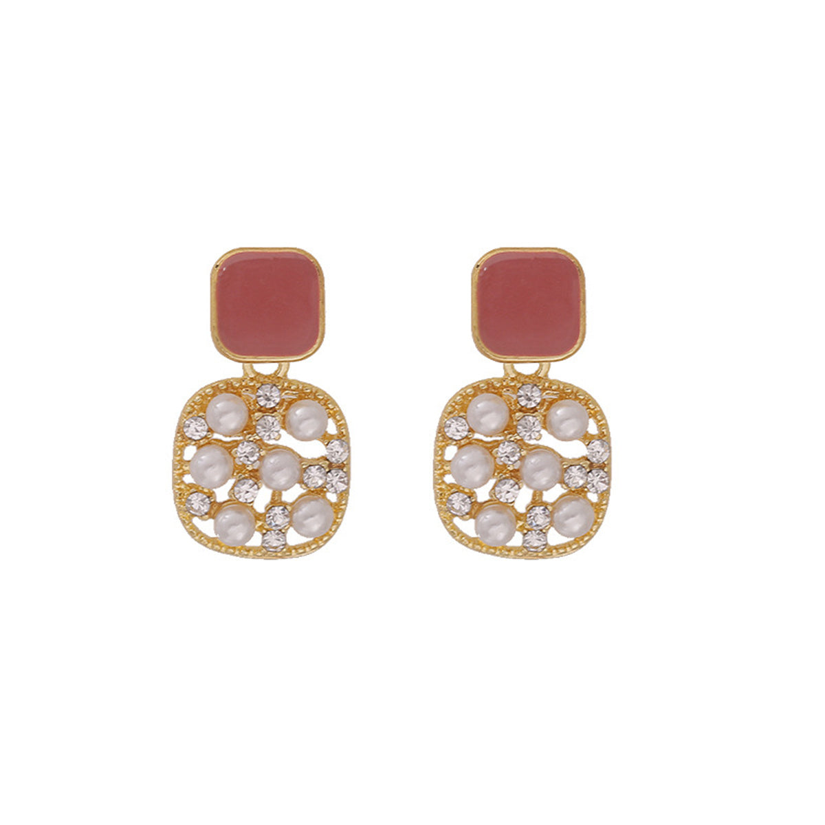 Dark Red Enamel and Pearl Cubic Zirconia-Accent 18K Gold-Plated Square Drop Earrings, gold drop earrings for..., front view