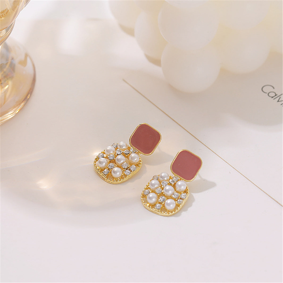 Dark Red Enamel and Pearl Cubic Zirconia-Accent 18K Gold-Plated Square Drop Earrings, gold drop earrings..., detail close-up