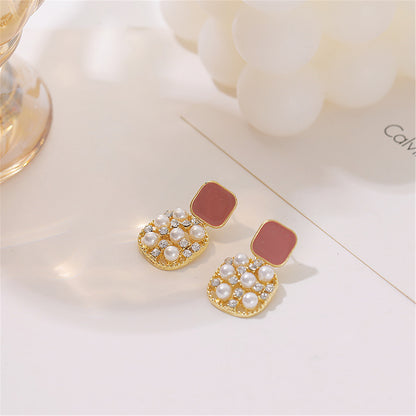 Dark Red Enamel and Pearl Cubic Zirconia-Accent 18K Gold-Plated Square Drop Earrings, gold drop earrings..., detail close-up