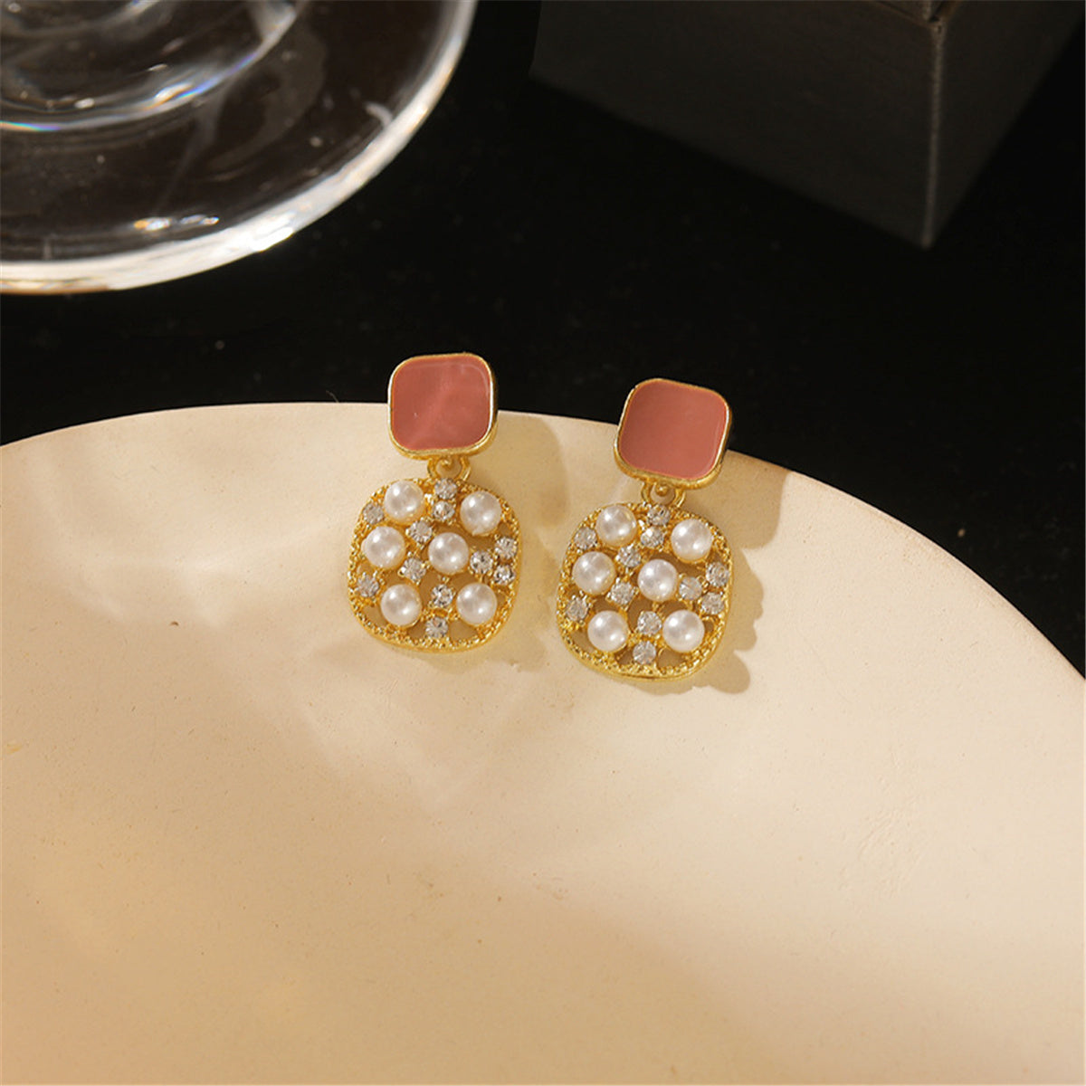 Dark Red Enamel and Pearl Cubic Zirconia-Accent 18K Gold-Plated Square Drop Earrings, gold drop earrings..., lifestyle look