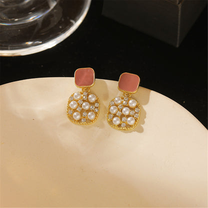 Dark Red Enamel and Pearl Cubic Zirconia-Accent 18K Gold-Plated Square Drop Earrings, gold drop earrings..., lifestyle look