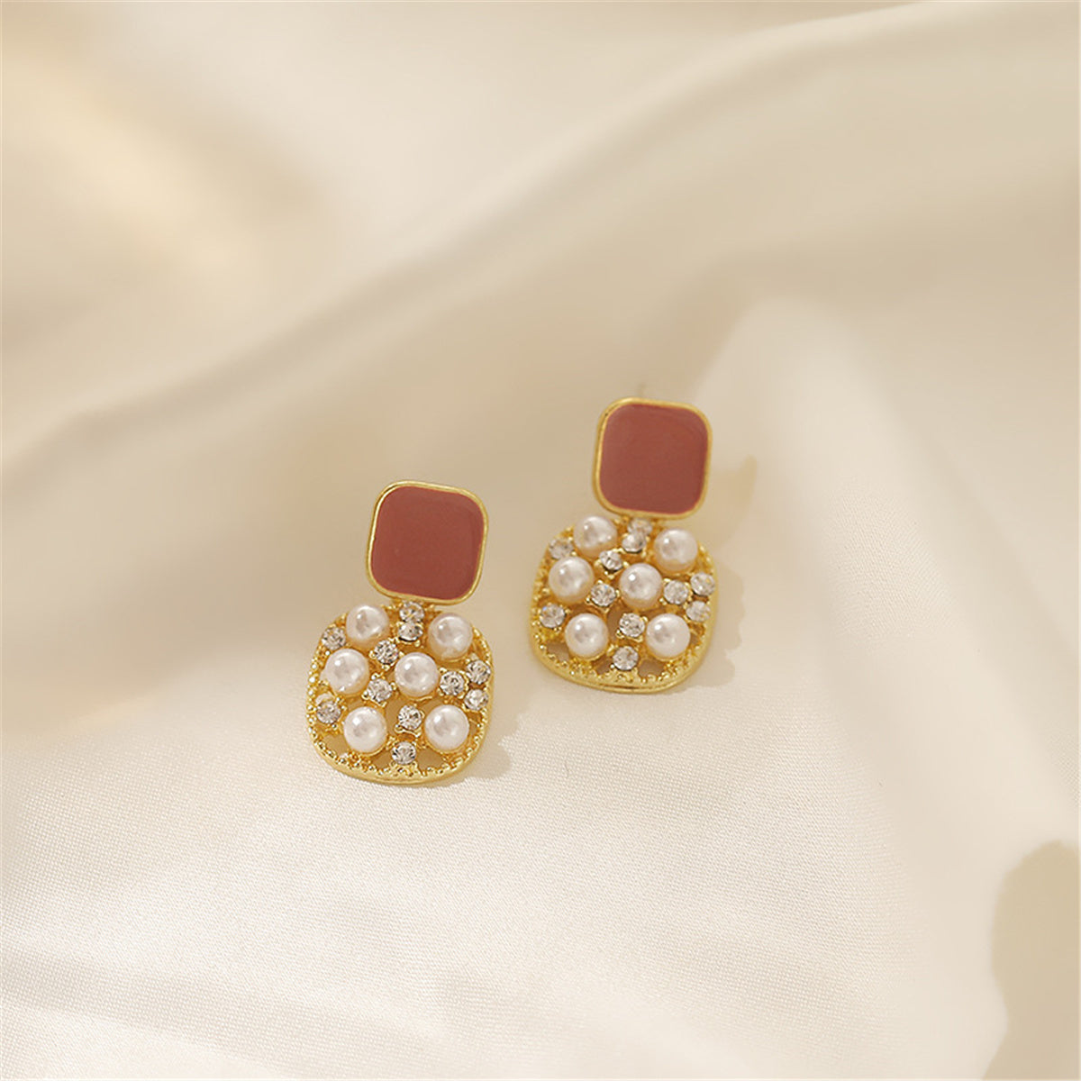 Dark Red Enamel and Pearl Cubic Zirconia-Accent 18K Gold-Plated Square Drop Earrings, gold drop earrings for women, side view