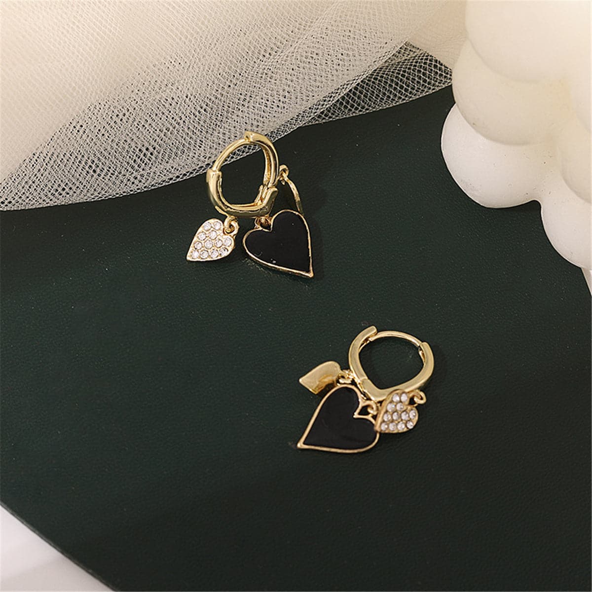 Black Enamel and Cubic Zirconia 18K Gold-Plated Hearts Huggie Earrings, gold huggie earrings, front view