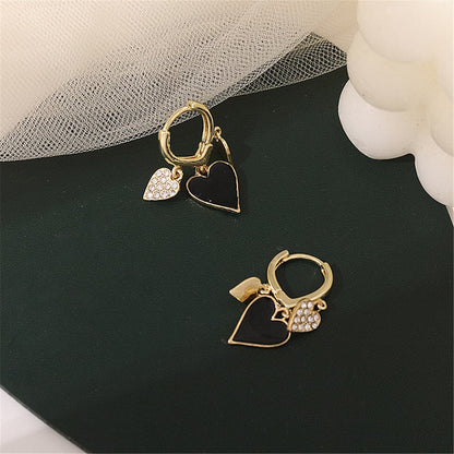 Black Enamel and Cubic Zirconia 18K Gold-Plated Hearts Huggie Earrings, gold huggie earrings, front view
