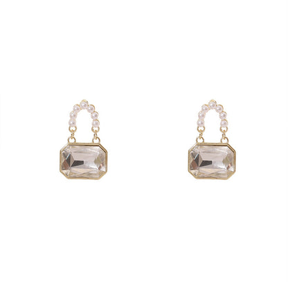 Pearl and Crystal 18K Gold-Plated Handbag Drop Earrings, gold drop earrings for women, everyday style, side view