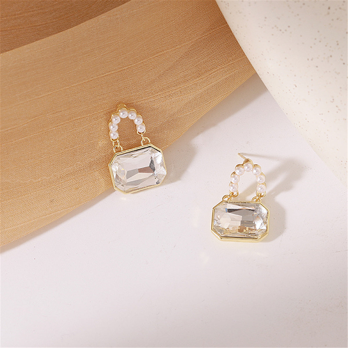 Pearl and Crystal 18K Gold-Plated Handbag Drop Earrings, gold drop earrings for women, everyday style, detail close-up
