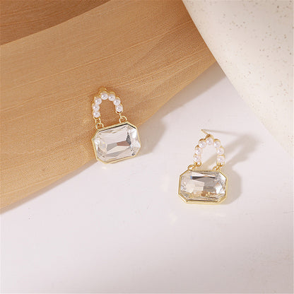 Pearl and Crystal 18K Gold-Plated Handbag Drop Earrings, gold drop earrings for women, everyday style, detail close-up