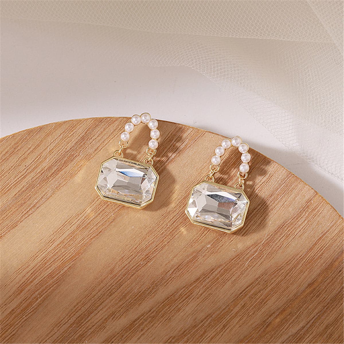 Pearl and Crystal 18K Gold-Plated Handbag Drop Earrings, gold drop earrings for women, everyday style, front view