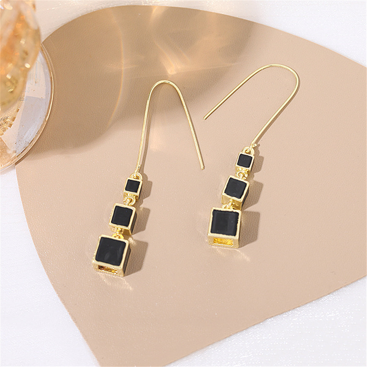 Black Enamel & 18K Gold-Plated Linked Cube Drop Earrings