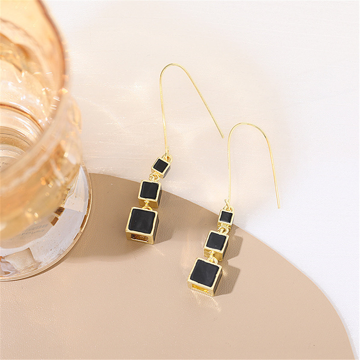 Black Enamel & 18K Gold-Plated Linked Cube Drop Earrings