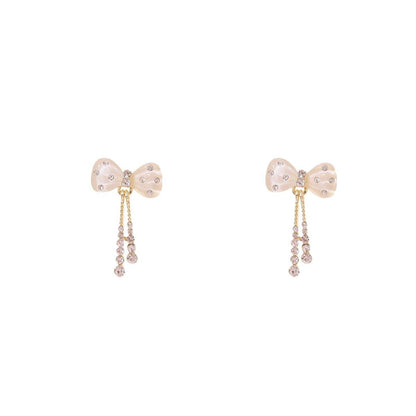 Quartz and 18K Gold-Plated Cubic Zirconia-Accent Bow Tassel Drop Earrings, gold drop earrings for women, front view