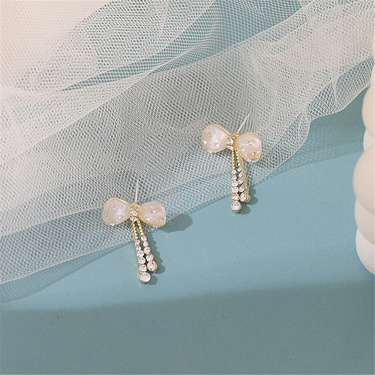 Quartz and 18K Gold-Plated Cubic Zirconia-Accent Bow Tassel Drop Earrings, gold drop earrings for women, detail close-up