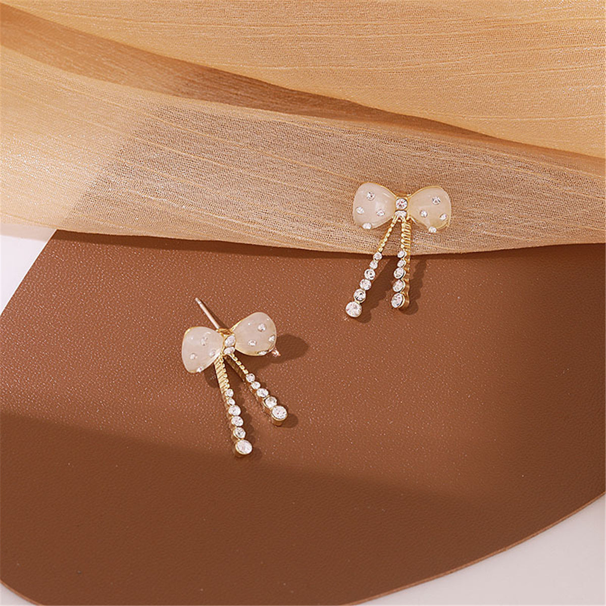 Quartz and 18K Gold-Plated Cubic Zirconia-Accent Bow Tassel Drop Earrings, gold drop earrings for women, side view