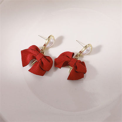 Pearl and Polyster 18K Gold-Plated Bow Drop Earring, gold drop earrings for women, dainty minimalist design, side view