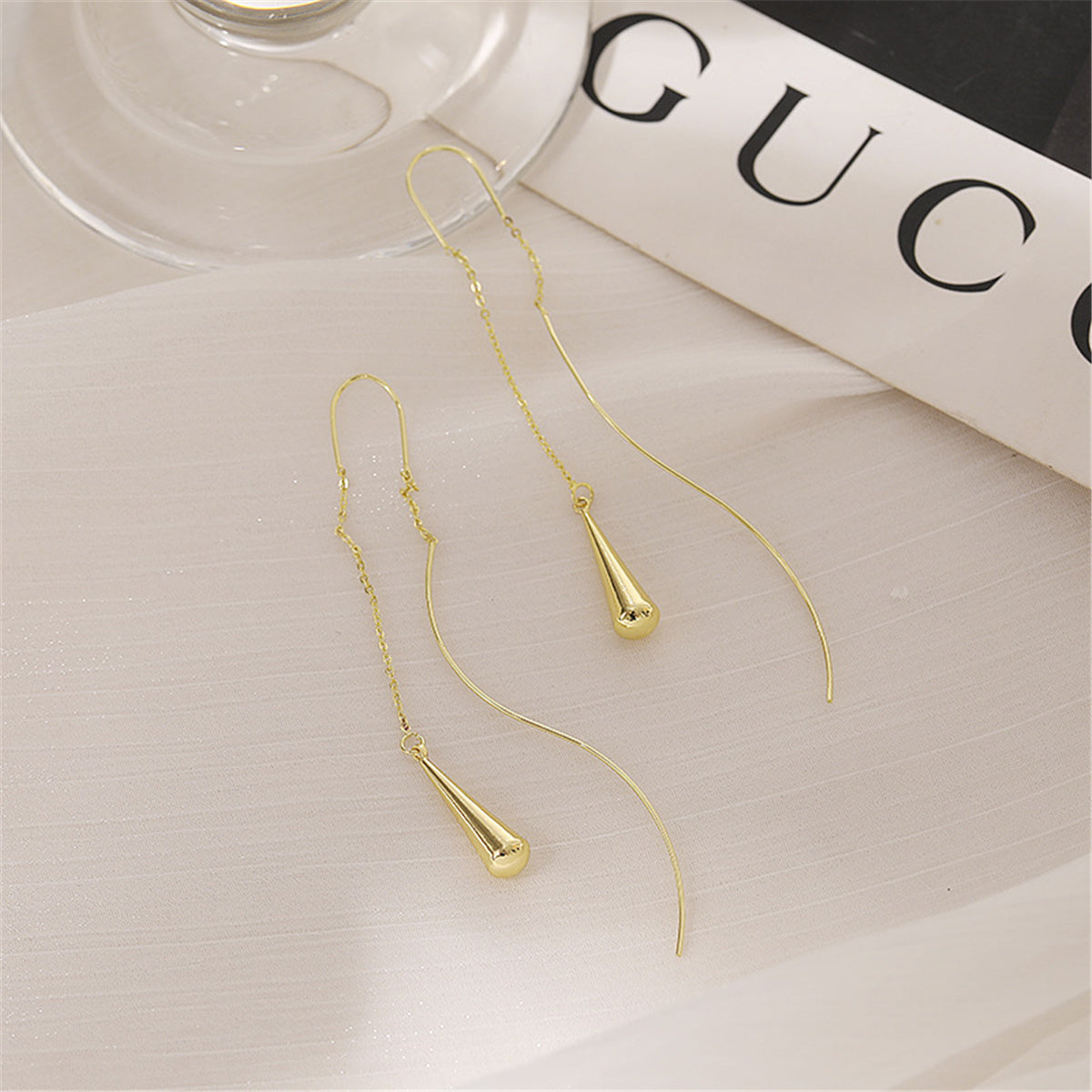 18K Gold-Plated Threader Drop Earrings, gold drop earrings for women, dainty minimalist design, lifestyle look
