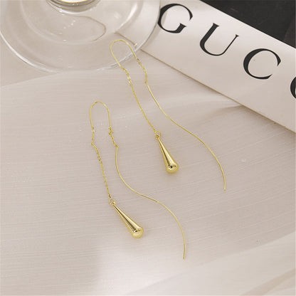 18K Gold-Plated Threader Drop Earrings, gold drop earrings for women, dainty minimalist design, lifestyle look
