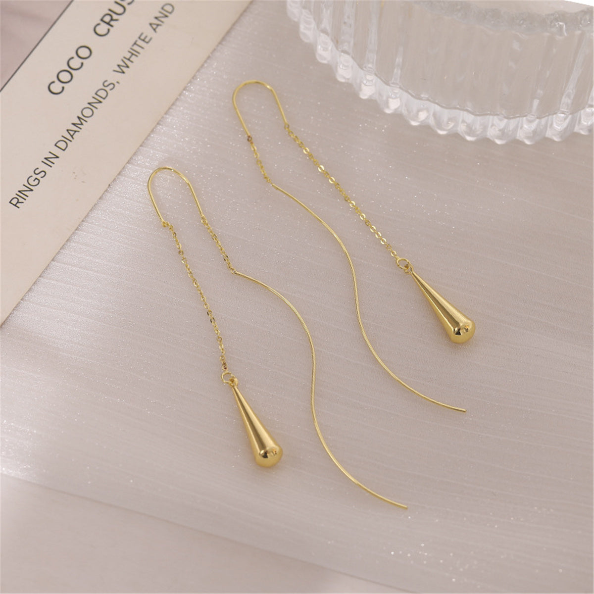 18K Gold-Plated Threader Drop Earrings, gold drop earrings for women, dainty minimalist design, side view