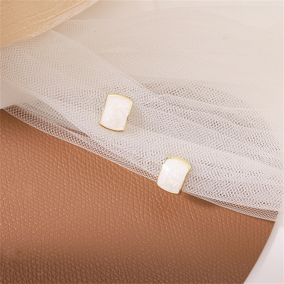 White Enamel and 18K Gold-Plated Curved Rectangle Stud Earrings, gold stud earrings for women, everyday style, lifestyle look