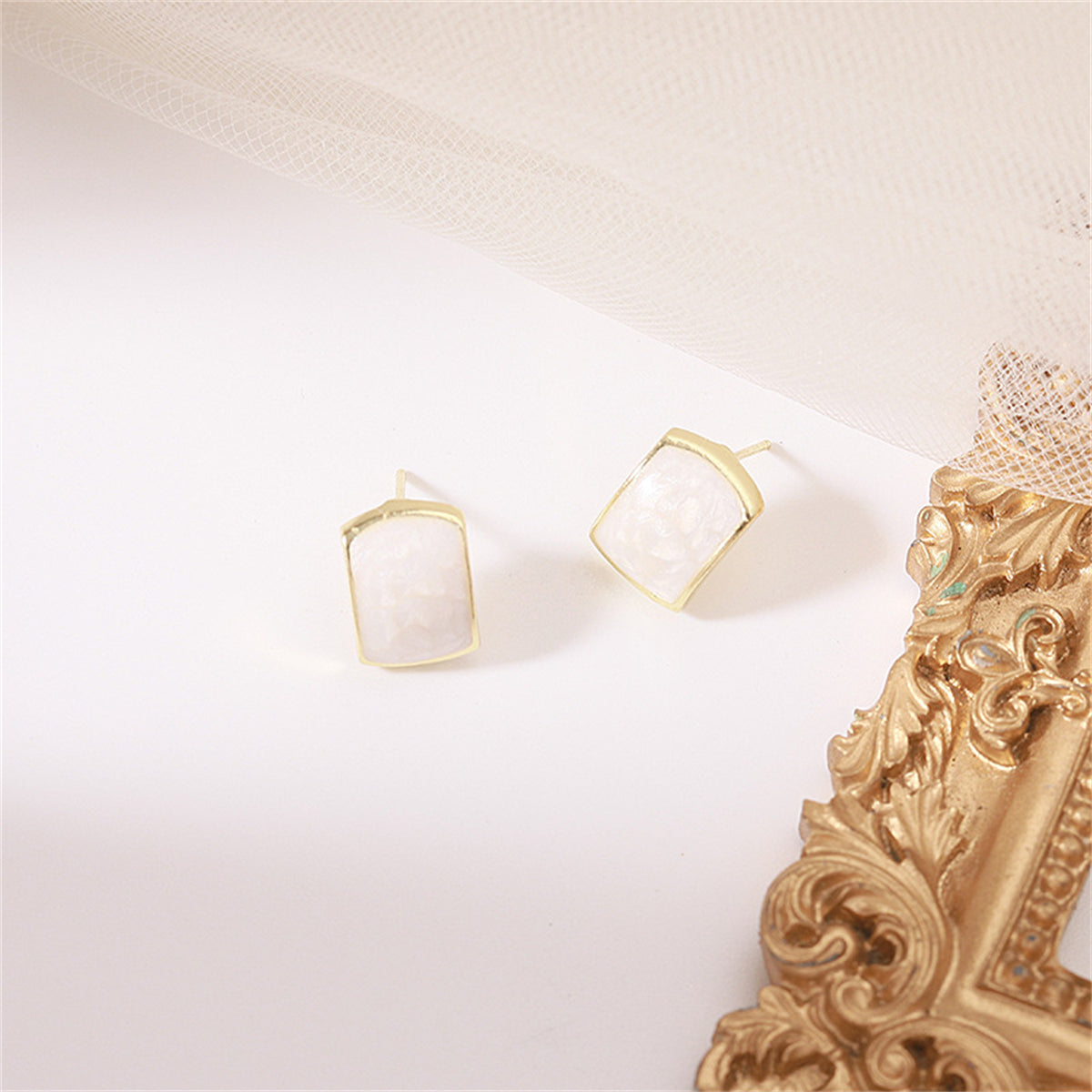 White Enamel and 18K Gold-Plated Curved Rectangle Stud Earrings, gold stud earrings for women, everyday style, styled look