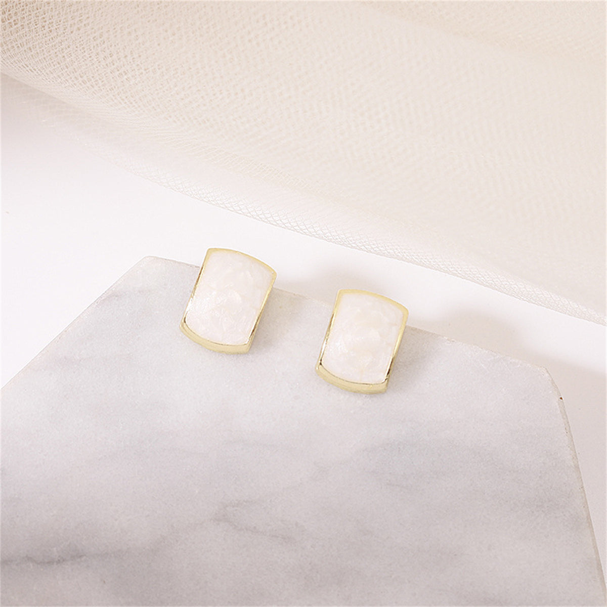 White Enamel and 18K Gold-Plated Curved Rectangle Stud Earrings, gold stud earrings for women, detail close-up