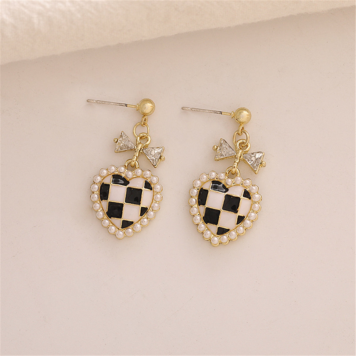 Black Enamel & Pearl 18K Gold-Plated Crystal-Accent Bow Heart Drop Earrings
