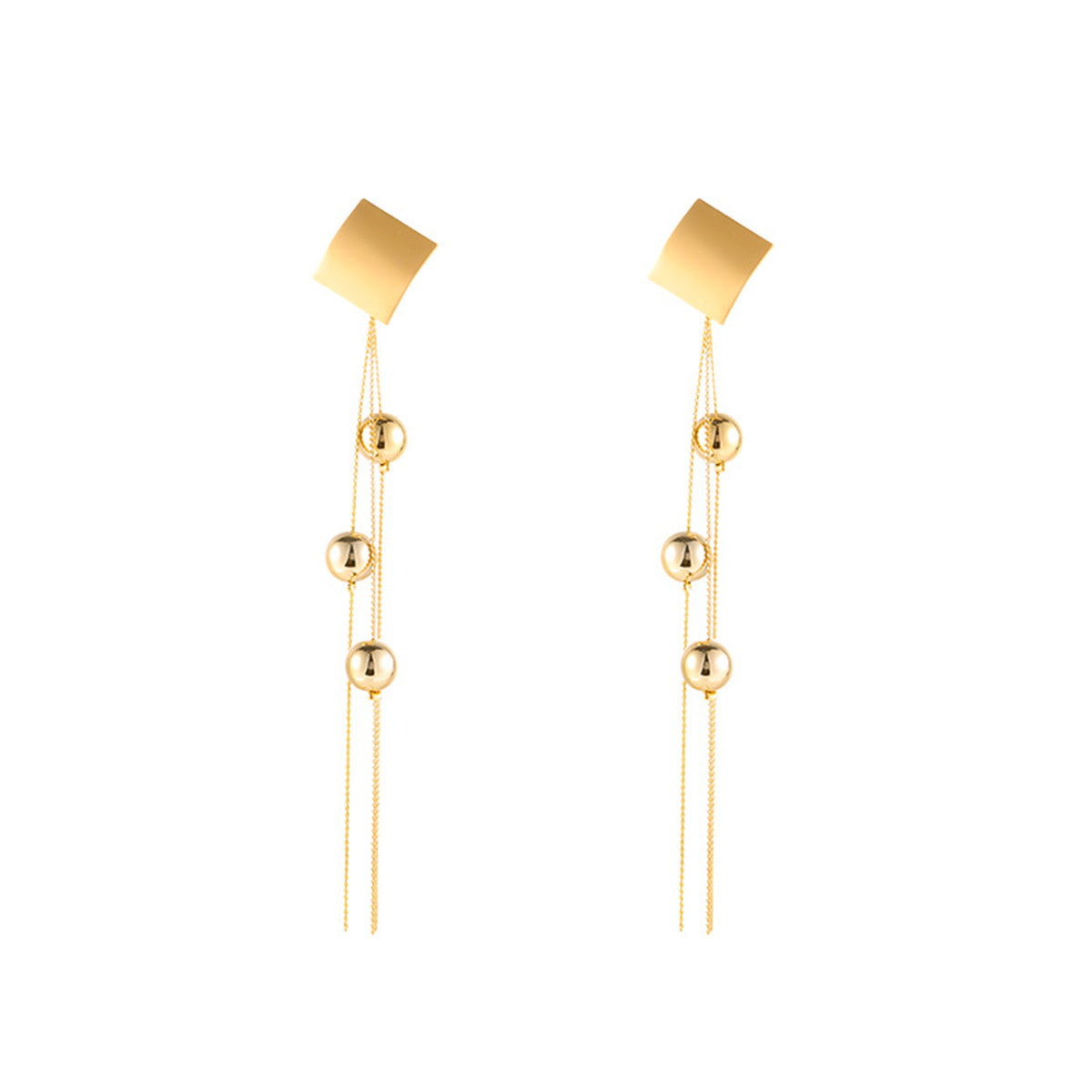18K Gold-Plated Diamond-Shape Beaded Tassel Drop Earrings, gold drop earrings for women, everyday style, side view
