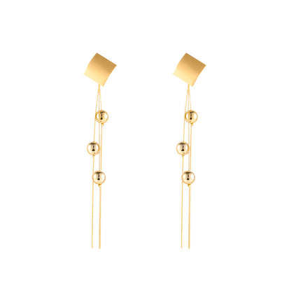 18K Gold-Plated Diamond-Shape Beaded Tassel Drop Earrings, gold drop earrings for women, everyday style, side view