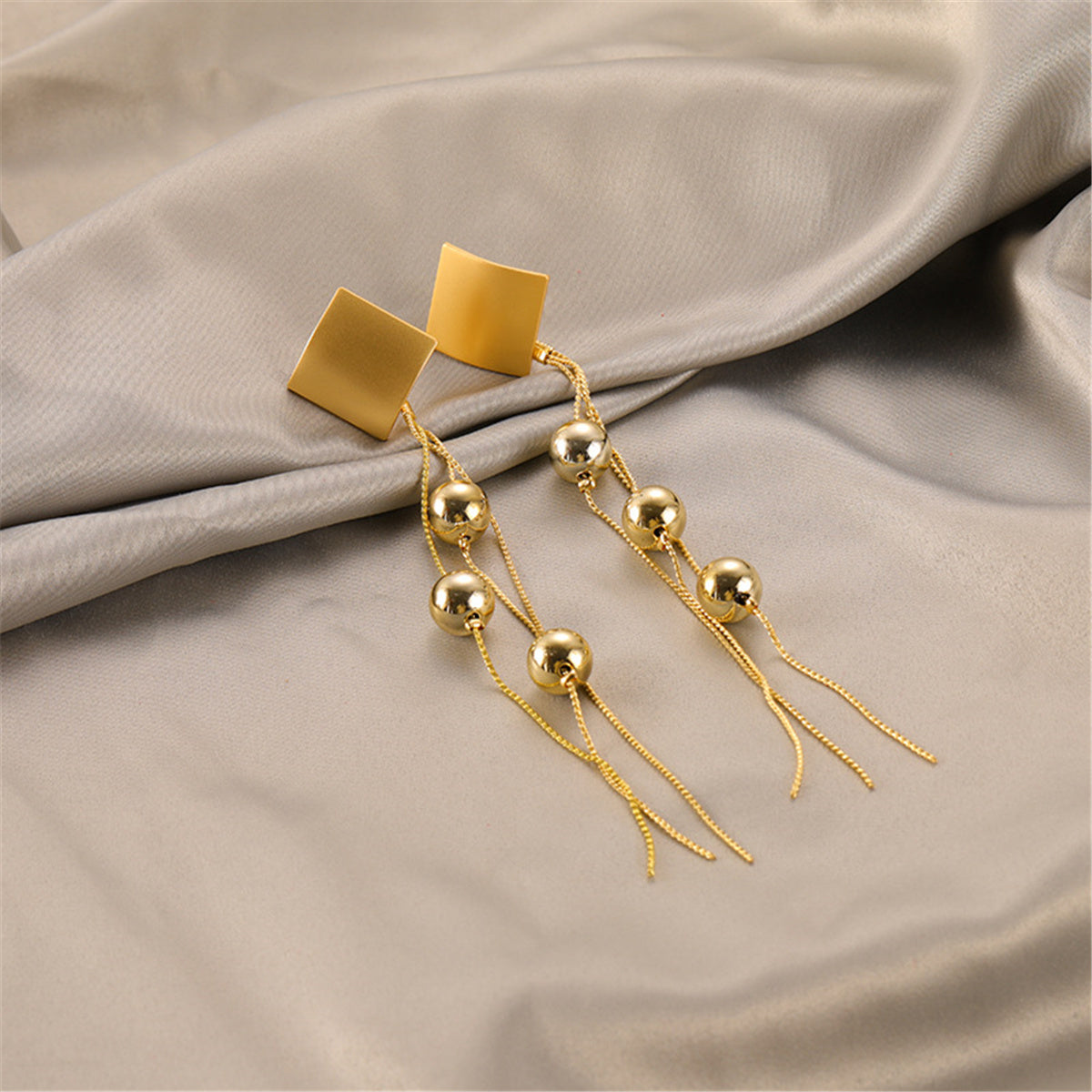 18K Gold-Plated Diamond-Shape Beaded Tassel Drop Earrings, gold drop earrings for women, everyday style, detail close-up