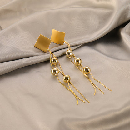18K Gold-Plated Diamond-Shape Beaded Tassel Drop Earrings, gold drop earrings for women, everyday style, detail close-up