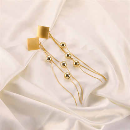 18K Gold-Plated Diamond-Shape Beaded Tassel Drop Earrings, gold drop earrings for women, everyday style, lifestyle look