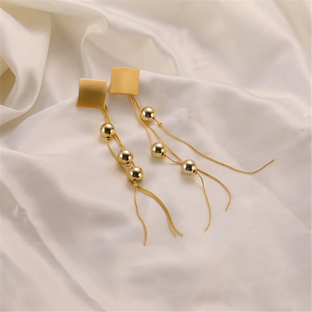 18K Gold-Plated Diamond-Shape Beaded Tassel Drop Earrings, gold drop earrings for women, everyday style, front view