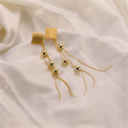 18K Gold-Plated Diamond-Shape Beaded Tassel Drop Earrings, gold drop earrings for women, everyday style, front view